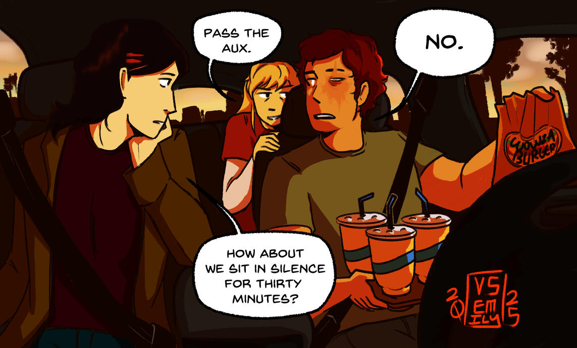 1-Panel comic of Claire, Abeline, and Chris in the car. (Angler Cabin) (2025)